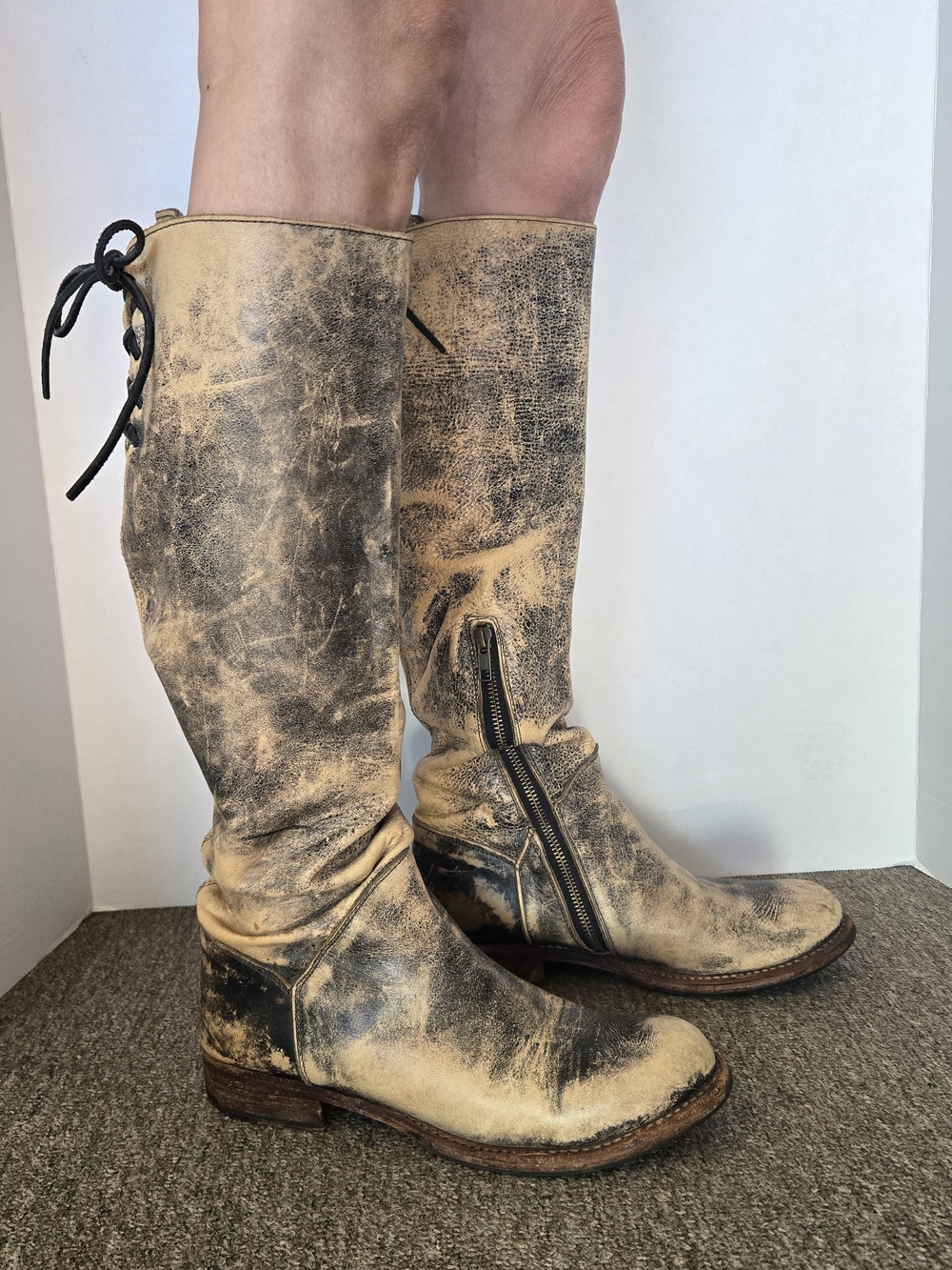 BED|STU Distressed Tan and Black-Wash Over-the-Knee Leather Boots - Picture 7 of 10